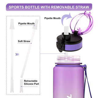 GEMFUL Water Bottle 1L with Straw Time Marker Tritan BPA Free for Fitness Gym Outdoor Sports (Green/black)