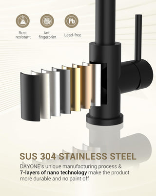 DAYONE Waterfall Kitchen Sink Tap with Pull Out Sprayer, Matte Black Kitchen Faucet Raindance 3 Modes, Modern Stainless Steel 1 Hole Sink Mixer, 360° Swivel & Single Handle, DAY-CR2546