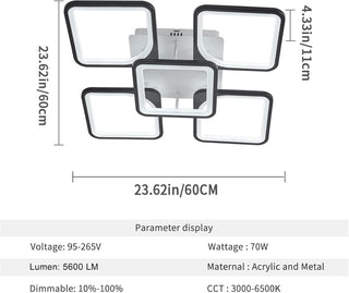 Qcyuui Dimmable Modern Ceiling Light, Acrylic LED Round Flush Mount Lighting Fixtures, 56W 4-Lights 56cm Indoor White Ceiling Lamp with Remote for Living Room Kitchen Bedroom Dining Room Office