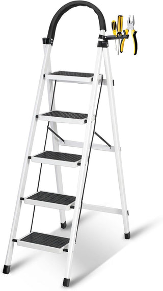 SKY-TOUCH Foldable Ladder 3 Steps, Home Ladder Folding Step Stool with Wide Anti-Slip Pedal, Adults Folding Sturdy Steel Ladder for Home,Kitchen, Garden, Office