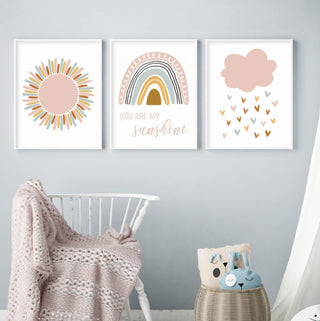 Rainbow Canvas Print, Nursery Wall Art Pink Print, You Are My Sunshine Wall Art Decor Cloud Nursery Pictures Wall Art for Girl Bedroom Nursery Prints Posters Kids Room Wall Art 12x16x3 Inch unframed