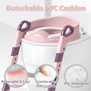 Portable Potty Training Seat for Toddler,Baby Potty Training Toilet Seat for Kids Boys Girls,Foldable Potty Training Seat with Adjustable Height Non-Slip Step Ladder,Soft Pu Cushion (PINK)