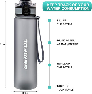 GEMFUL Water Bottle 1L with Straw Time Marker Tritan BPA Free for Fitness Gym Outdoor Sports (Green/black)