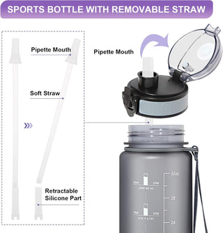 GEMFUL Water Bottle 1L with Straw Time Marker Tritan BPA Free for Fitness Gym Outdoor Sports (Green/black)