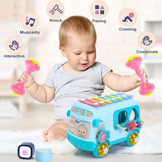 Mumoo Bear Baby Bus Musical Toy with Xylophone, Interactive Early Childhood Educational Gifts, Baby Crawling Activity Toys with Baby Cube, Suitable for Kids Ages 2+ (Pink)