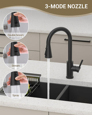DAYONE Waterfall Kitchen Sink Tap with Pull Out Sprayer, Matte Black Kitchen Faucet Raindance 3 Modes, Modern Stainless Steel 1 Hole Sink Mixer, 360° Swivel & Single Handle, DAY-CR2546