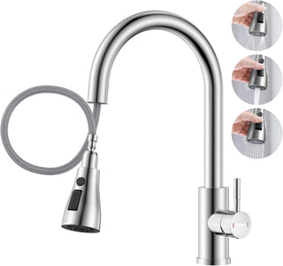 DAYONE Waterfall Kitchen Sink Tap with Pull Out Sprayer, Matte Black Kitchen Faucet Raindance 3 Modes, Modern Stainless Steel 1 Hole Sink Mixer, 360° Swivel & Single Handle, DAY-CR2546