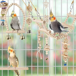 9 Pack Bird Swing Toys, Bird Chewing Hanging Toys,Swing Climbing Ladders,Wooden Perch Birds Cage Toys for Small Parrots, Parakeets, Cockatiel, Conures, Finches, Budgie, Macaws, Love Birds Natural Wood