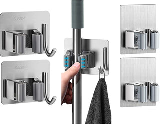 ZALCOON 4 PCS Mop Broom Holder Wall Mount - Mop Holder Self Adhesive Broom Hanger Stainless Steel for Home Garage Garden Laundry Room Storage, Kitchen Tools Organizer (With Hook)