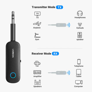 UGREEN Bluetooth Adapter Bluetooth 5.0 Transmitter, Receiver 2in1 Wireless 3.5mm Bluetooth Adapter Dual Devices Simultaneously Aux Bluetooth Audio Car Adapter For TV Car Home Stereo System Headphones
