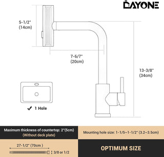 DAYONE Waterfall Kitchen Sink Tap with Pull Out Sprayer, Matte Black Kitchen Faucet Raindance 3 Modes, Modern Stainless Steel 1 Hole Sink Mixer, 360° Swivel & Single Handle, DAY-CR2546