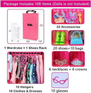 80 Pcs Doll Clothes Waredrobe Accessories, Shoes Rack, Fashion Dresses, Outfits Clothes Sets, 2 Swimsuits, 8 Mini Dresses, 20 Shoes and Hangers, Hand Bags, Crowns and Glasses, For 11.5 inch Dolls