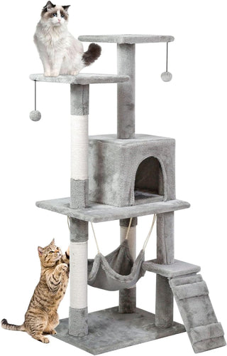 SKY-TOUCH Cat Tree Tower｜Durable Cat Condo with Sisal Scratching Posts｜Cozy Cat House,｜Ladder & Resting Platforms for Indoor Use | Assembly accessories｜120×49×39cm,Gray