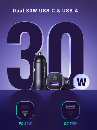 UGREEN Car Charger Fast Charging 30W for iPhone 16 Pro, Car Accessories Dual Port USB-C PD 30W+USB-A QC 18W/SCP 22.5W Fast Charger, for iPhone 16/15/14/13 Series,Galaxy S24/S23,Huawei,iPad Pro, Xiaomi