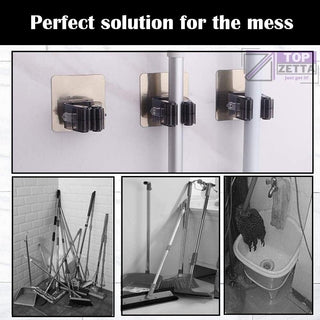 TopZetta Mop Holder Self Adhesive No-Drilling Anti-Slip Broom Hanger Hooks – Wall Mount Storage Tools Organizer for Home Improvement, Laundry, Bathroom, Kitchen, Garden Tools (Pack of 4, Classic)