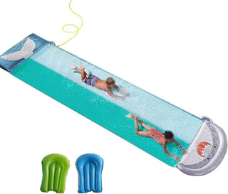 Klmeiday 18ft Shark Lawn Water Slide, Double Lanes Water Slide with Sprinkler and 2 Slip Inflatable Boards for Party in Summer Yard Lawn Outdoor Water Play Activities
