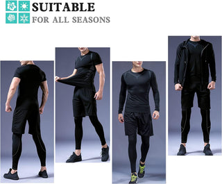 Moonmen 5pcs Mens Sports Gym Fitness Running Clothing Set, Hoodies Jackets, Long Short Sleeve, Basic T Shirts, Loose Fitting Shorts, Compression Pants Workout Training Tracksuits