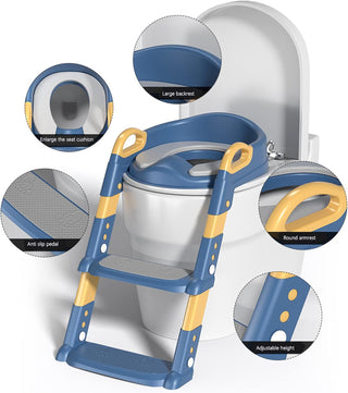 Height Adjustable Foldable Training Seat with Step Stool, Splash Guard Toilet Seat Trainer Used In Most Toilets, Children's Ladder Potty Chair Sturdy 80Kg Suitable for Children Aged (GREY)