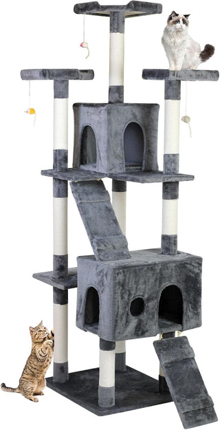 SKY-TOUCH Cat Tree Tower｜Durable Cat Condo with Sisal Scratching Posts｜Cozy Cat House,｜Ladder & Resting Platforms for Indoor Use | Assembly accessories｜120×49×39cm,Gray