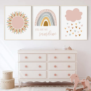 Rainbow Canvas Print, Nursery Wall Art Pink Print, You Are My Sunshine Wall Art Decor Cloud Nursery Pictures Wall Art for Girl Bedroom Nursery Prints Posters Kids Room Wall Art 12x16x3 Inch unframed