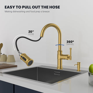 DAYONE Waterfall Kitchen Sink Tap with Pull Out Sprayer, Matte Black Kitchen Faucet Raindance 3 Modes, Modern Stainless Steel 1 Hole Sink Mixer, 360° Swivel & Single Handle, DAY-CR2546