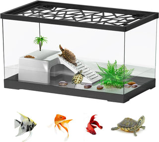 Fish Aquarium Tank Ultra Clear Fish Bowls Turtle Tank Tortoise Aquarium Reptile Habitat Terrariums Fishbowl Terrapin Tank with Cover, Betta Goldfish Tank for Crayfish Shrimp Small Amphibious Creatures