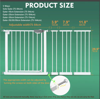 SKY-TOUCH Auto Close Safety Baby Gate, Extra Wide Child Gate 75-84cm + 30cm Extension Kit Maximum Suitable For 114cm, Baby Gates for Stairs & Doorways, Easy Install (Gate + 10cm Extension Kit)