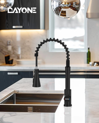 DAYONE Waterfall Kitchen Sink Tap with Pull Out Sprayer, Matte Black Kitchen Faucet Raindance 3 Modes, Modern Stainless Steel 1 Hole Sink Mixer, 360° Swivel & Single Handle, DAY-CR2546