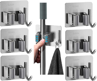 ZALCOON 4 PCS Mop Broom Holder Wall Mount - Mop Holder Self Adhesive Broom Hanger Stainless Steel for Home Garage Garden Laundry Room Storage, Kitchen Tools Organizer (With Hook)