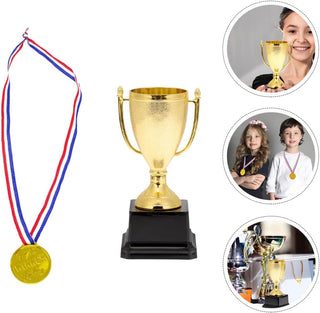 Sosoport Mini Trophies and Awards Set Gold Trophy Cup and Shiny Golden Winner Medals for Kids and Adults Sports Party Favors