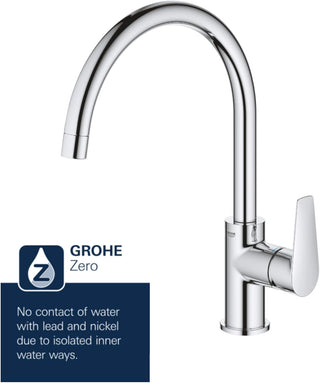 GROHE BauEdge Single Lever Sink Mixer | Kitchen Fixtures | Kitchen Faucet With High Spout | Swivel Area 360˚ |Easy Installation | 31367001