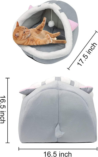 Cat Bed Pet Cave Bed with Anti-Slip Bottom, 48 * 44 * 42cm,Suitable for All Cats & Small Dogs, Pet Bed with Removable Washable Cushion, Soft Calming Bed with Hanging Toy Ideal for Cats and Puppy (B)