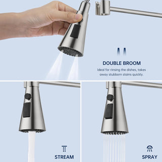DAYONE Waterfall Kitchen Sink Tap with Pull Out Sprayer, Matte Black Kitchen Faucet Raindance 3 Modes, Modern Stainless Steel 1 Hole Sink Mixer, 360° Swivel & Single Handle, DAY-CR2546