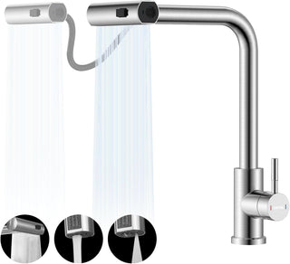 DAYONE Waterfall Kitchen Sink Tap with Pull Out Sprayer, Matte Black Kitchen Faucet Raindance 3 Modes, Modern Stainless Steel 1 Hole Sink Mixer, 360° Swivel & Single Handle, DAY-CR2546