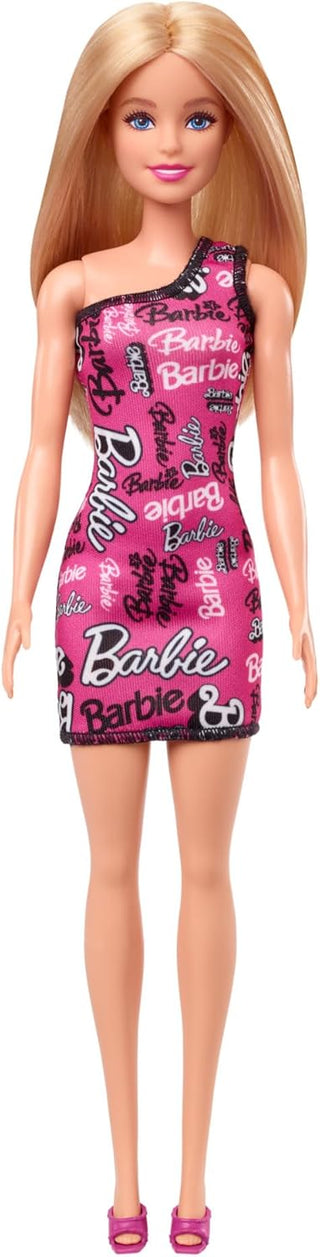 Barbie Fashion Doll with Straight Blonde Hair Wearing Removable Pink Dress & Shoes with Logo Print