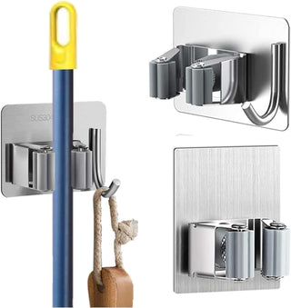 ZALCOON 4 PCS Mop Broom Holder Wall Mount - Mop Holder Self Adhesive Broom Hanger Stainless Steel for Home Garage Garden Laundry Room Storage, Kitchen Tools Organizer (With Hook)