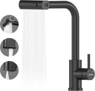 DAYONE Waterfall Kitchen Sink Tap with Pull Out Sprayer, Matte Black Kitchen Faucet Raindance 3 Modes, Modern Stainless Steel 1 Hole Sink Mixer, 360° Swivel & Single Handle, DAY-CR2546