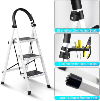 SKY-TOUCH Foldable Ladder 3 Steps, Home Ladder Folding Step Stool with Wide Anti-Slip Pedal, Adults Folding Sturdy Steel Ladder for Home,Kitchen, Garden, Office