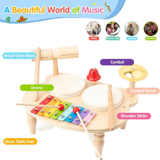 AquaFalcon Kids Drum Set, Baby Musical Instruments Toys for Toddlers, 7 in 1 Wooden Xylophone Toddler Drum Set Percussion Instruments Musical Toys Birthday Gifts for Children Boys and Girls