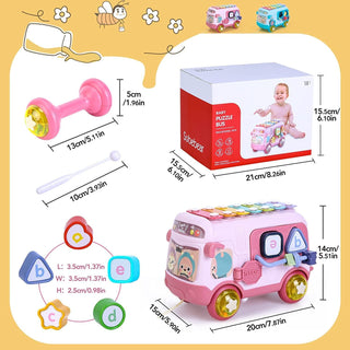 Mumoo Bear Baby Bus Musical Toy with Xylophone, Interactive Early Childhood Educational Gifts, Baby Crawling Activity Toys with Baby Cube, Suitable for Kids Ages 2+ (Pink)
