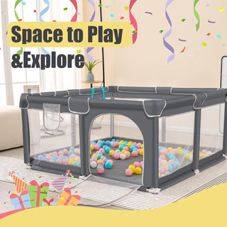 SKY-TOUCH Baby Playpen | Portable Playard for Babies | Sturdy Anti-Fall Baby Playpen Activity Center | Breathable Mesh | 4 Pull-Up Ring｜Install Accessories | 120 * 120cm,Gray,Indoor&Outdoor