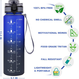 GEMFUL Water Bottle 1L with Straw Time Marker Tritan BPA Free for Fitness Gym Outdoor Sports (Green/black)