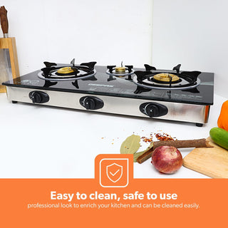Triple Gas Burner with Tempered Glass - Auto-Ignition, Thick Pan Support & Comfortable Knobs | Low Gas Consumption