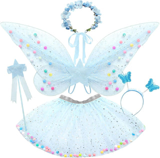 Fairy Dressing up Costume for Girls, SYOSI 5pcs Girls Fairy Wings Costume Kids Toddler Butterfly Wings with Wand Tutu Skirt Crown Headband Halloween Dress Up Gift