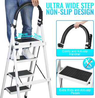 SKY-TOUCH Foldable Ladder 3 Steps, Home Ladder Folding Step Stool with Wide Anti-Slip Pedal, Adults Folding Sturdy Steel Ladder for Home,Kitchen, Garden, Office