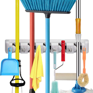SKY-TOUCH Mop And Broom Holder, Wall Mounted Organizer Mop And Broom Saving Space Storage Rack For Kitchen Garden And Garage,Laundry Offices,5 Position With 6 Hooks