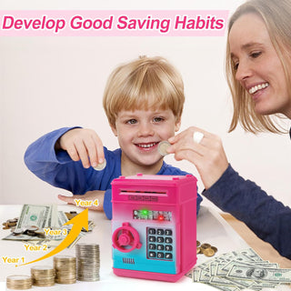 Refasy Piggy Bank for Girls 4-11 Years Old,Refasy Kids Safe Bank for Boys Christmas Birthday Gifts Toy for Kids Electronic ATM Money Bank for Adults Money Saving Box Safe Coin Bank Toy Kids Toys Pink