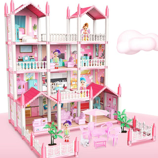 Beauenty Doll House Building Toys with Lights to Assemble Kitchen, Bedroom, Furniture, Garden, Dolls, Pets, Pink Play Dream House for Girls, Girls Toddler DIY Ideas Gifts (PINK 14 Rooms)