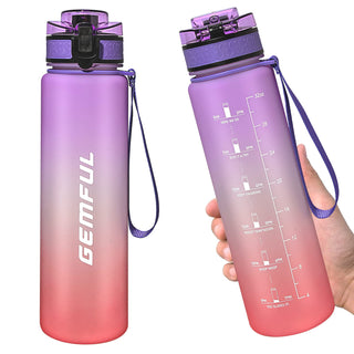 GEMFUL Water Bottle 1L with Straw Time Marker Tritan BPA Free for Fitness Gym Outdoor Sports (Green/black)