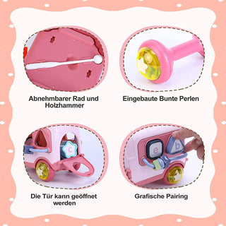 Mumoo Bear Baby Bus Musical Toy with Xylophone, Interactive Early Childhood Educational Gifts, Baby Crawling Activity Toys with Baby Cube, Suitable for Kids Ages 2+ (Pink)